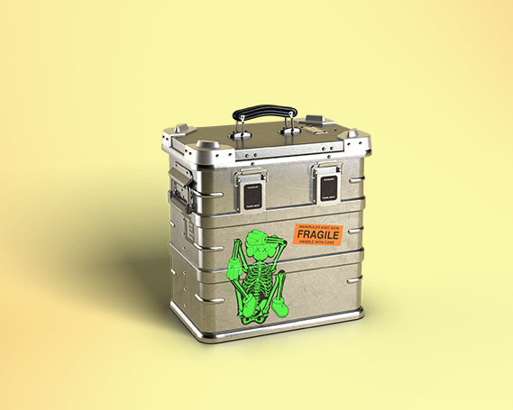 Closed Travel Heavy aluminium record case with a green skeleton sticker and a Fragile label