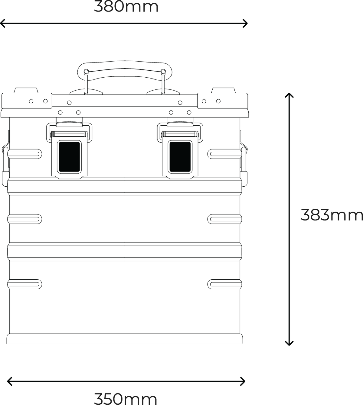 Travel Heavy 12" case front view: 380mm wide at the lid, 350mm at the base, 383mm tall