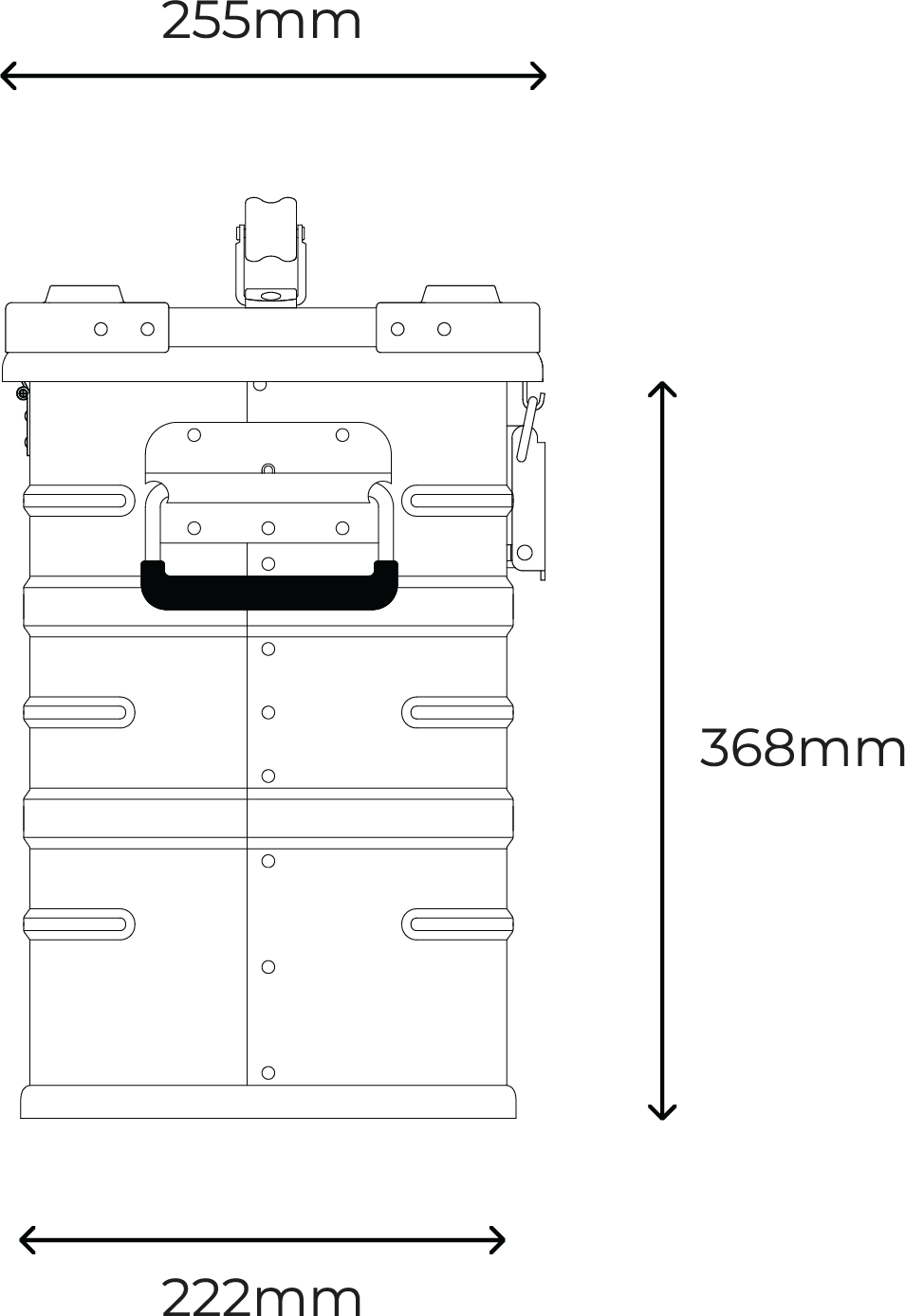 Travel Heavy 12" case side view: 255mm deep at the lid, 222mm at the base, 368mm tall