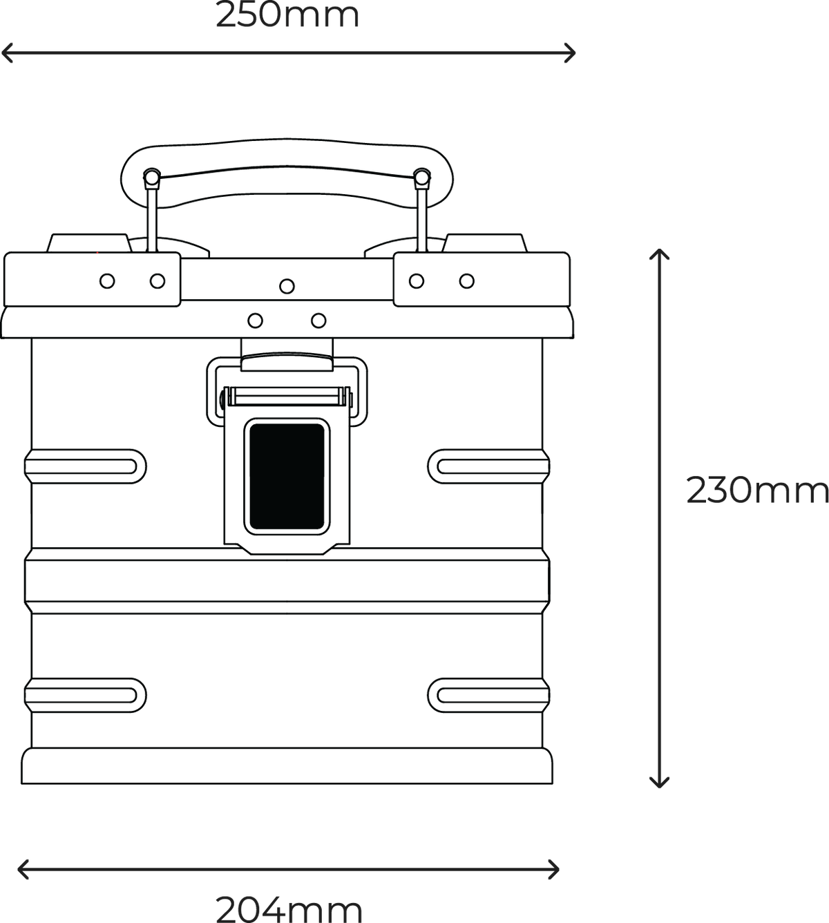Travel Heavy 7" case front view: 250mm wide at the lid, 204mm at the base, 230mm tall
