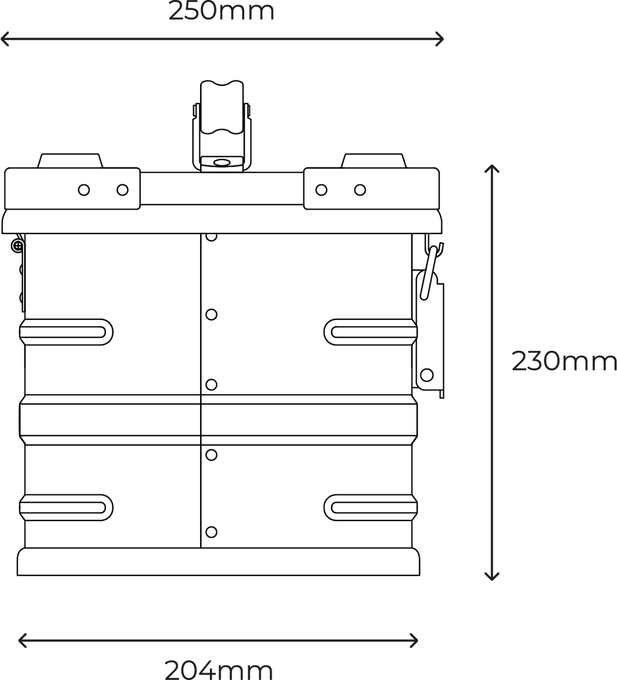 Travel Heavy 7" case side view: 250mm deep at the lid, 204mm at the base, 230mm tall